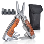 MAXAM SKWMT Maxam Multi-Tool with Wood Handle - Foldable Multipurpose Pocket Tool Kit with Storage Pouch, 9 Screwdriver Bits - Stainless Steel Utility Multitool for Outdoor, Survival, Camping, Fishing, Hiking