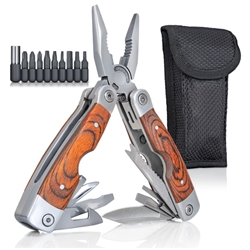 MAXAM SKWMT Maxam Multi-Tool with Wood Handle - Foldable Multipurpose Pocket Tool Kit with Storage Pouch, 9 Screwdriver Bits - Stainless Steel Utility Multitool for Outdoor, Survival, Camping, Fishing, Hiking