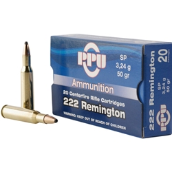 PPU222 PPU PP222 Standard Rifle  222 Rem 50 gr Soft Point (SP) 20 Bx/ 50 Cs